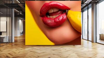 sexy and intimate concept, woman licks and takes a banana in her mouth on a color background, the girl's tongue and lips erotically touch the fruit. AI generated. Wall mural