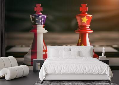 The United States flag and the Chinese flag are screen printed on a pawn chess piece. Represents trade war tariff barriers between the United States and China. Wall mural