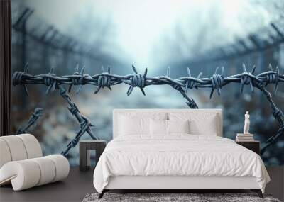 view along a high fence with barbed wire against blue und colorful sunset sky. Wall mural