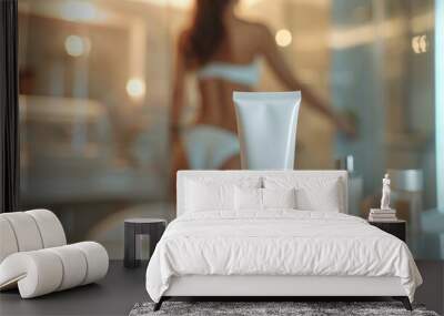 White cosmetic tube on table in bathroom background with blurred woman Wall mural