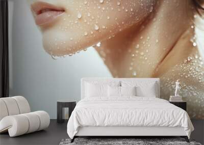 Woman, shoulder and shower with water for hygiene, droplets or wash on a pink studio background. Close up of female person or young model with natural liquid in skincare, hydration or cleanliness Wall mural