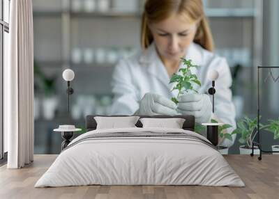 young caucasian woman researcher examining plant specimens at a table in a greenhouse lab, environmental science study, copy space Wall mural