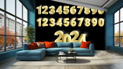 3D Golden shiny metal numbers set, gold font signs isolated on black background. Luxury fashion typography design for decoration, web, design, advert. Vector illustration Wall mural