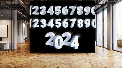 3D Silver shiny metal numbers set, white gold font signs isolated on black background. Luxury platinum fashion typography design for decoration, web, design, advert. Vector illustration Wall mural