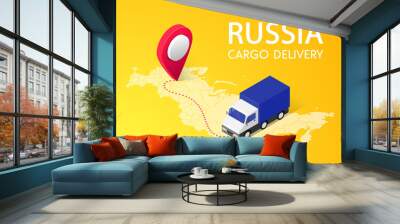 Cargo delivery isometric banner concept with text, pin, truck, Russia map on yellow background. Logistic service 3d design. Shipping vector illustration for web, mobile app, advert Wall mural