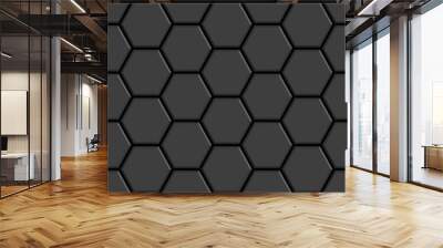 Dark grey glossy ceramic hexagon tiles seamless pattern. Modern home interior, bathroom and kitchen wall texture. Vector black shiny metal embossed hexagon wall background. Wall mural