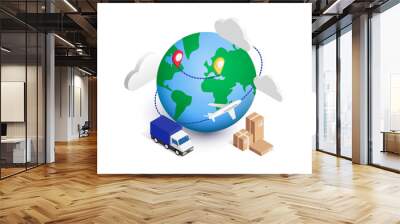 Global logistics isometric concept. 3d planet with van, boxes, ponter, clouds and airplane around. World shipping, delivery service vector Illustration Wall mural