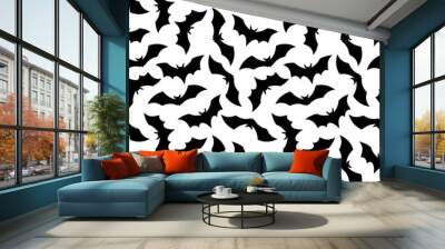 Halloween Bat seamless pattern. Vector Happy Halloween print with flying black bat silhouette on gradient orange background. For wrapping, fabric, holiday decoration, textile, wallpapers. Wall mural