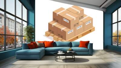 Isometric wooden pallet with big stack of cardboard boxes isolated on whte background. 3D warehouse packaging, storage and transportation concept. Vector illustration Wall mural