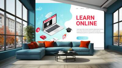 Learn Online, Distance Education isometric landing page web design template. 3d laptop, symbol of video lesson, research of material, practice, exam. Training course, online school vector illustration Wall mural