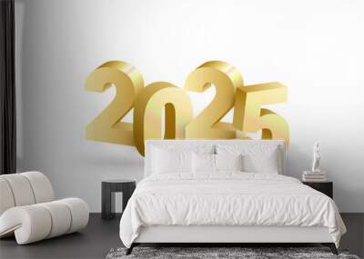 Realistic shiny 3D golden numbers 2025 on white background. Vector gold greeting 2025 New Year design element for web, print concept, ad. Wall mural