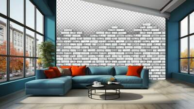 Realistic Vector broken white brick wall with transparent background. Destroyed flat gray stone wall texture. Grey textured brickwork for print, design, decor, background, banner, advert Wall mural