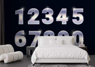 SIlver shiny numbers set, metal chrome font signs isolated on black background. Luxury fashion white gold typography design for decoration, design, web, advert, greeting card. Vector illustration Wall mural