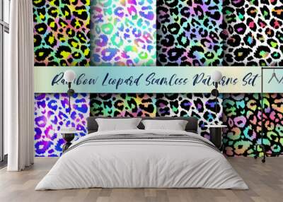 Trendy Rainbow Leopard seamless patterns set. Vector gradient wild animal cheetah skin, leo texture with black, neon and rainbow spots for fashion print design, wrapping paper, backgrounds, wallpaper Wall mural