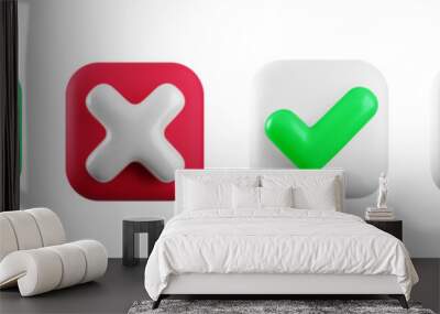 Vector 3d checkmarks icon set. Square glossy red, green and white yes tick and no cross buttons isolated on white background. Check mark and X symbol in square shape realistic 3d render. Wall mural