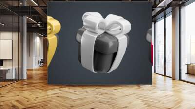 Vector 3d gift box icons set. Cute realistic black Friday present with gold, silver and red ribbon isolated on black background. Minimal 3d render black surprise box illustration Wall mural