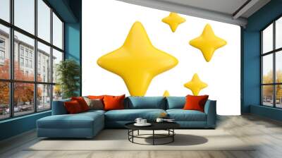 Vector 3d gold sparkle star set on white background. Cute realistic cartoon 3d render, five glossy yellow four pointed shining stars concept for magic sparkling decoration, web, game, app, design Wall mural