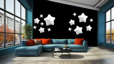 Vector 3d white sparkling star collection on black background. Cute realistic cartoon 3d render, silver sparkle shining stars illustration set for magic decoration, web, game, app, design, nursery. Wall mural