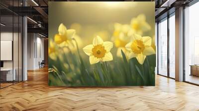 Vibrant Daffodils Blooming in a Sunlit Field Wall mural