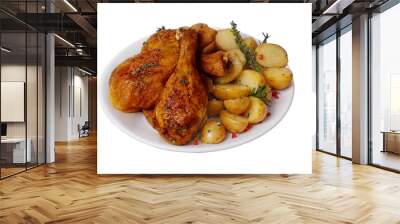 Fried chicken legs with potatoes, rosemary and thyme spices Wall mural