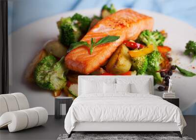 salmon fillet with vegetables and basil Wall mural