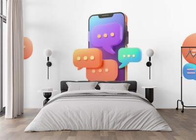 3D Glowing Isolated Icon of Phone with Thought Bubbles with Three Dots, Bright Colors Wall mural