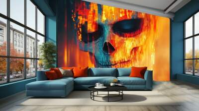 Creepy skull face with one eye closed, digital glitch effects surrounding it Wall mural