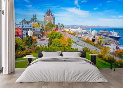 Skyline View of Old Quebec City with Iconic Chateau Frontenac and Dufferin Terrace Against St. Lawrence River in Autumn Sunny Day Wall mural