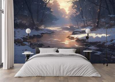 Anime scene, serene winter forest, tall pines dusted with snow, gentle snowfall, frozen stream, soft twilight, deep blue hues, high angle, tranquil and enchanting Wall mural