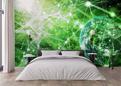 An abstract depiction of a global green energy initiative with interconnected nodes representing renewable energy projects across continents, Abstract digital art illustration of Wall mural