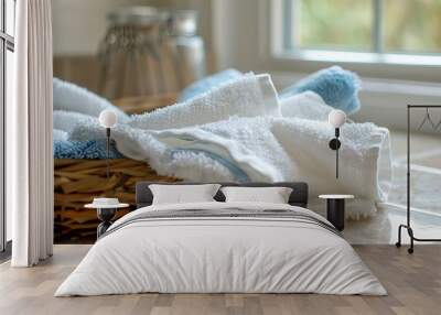 a basket filled with white towels on top of a counter Wall mural