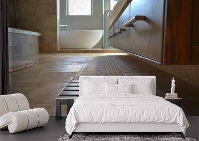 a bathroom with a tile floor and a bathtub Wall mural