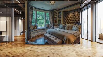 a bedroom with a large bed and a window Wall mural