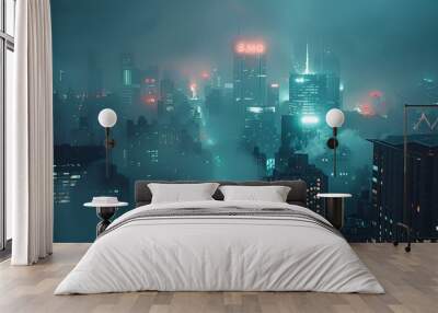 a city at night with a foggy sky Wall mural