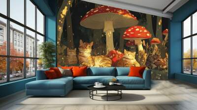 a group of cats sitting in front of a mushroom Wall mural