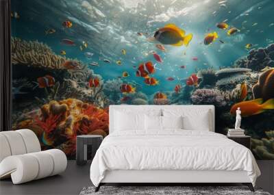 a group of fish swimming over a coral reef Wall mural