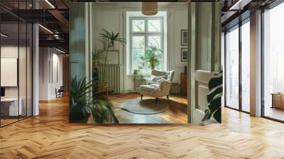 a living room with a chair and a potted plant Wall mural