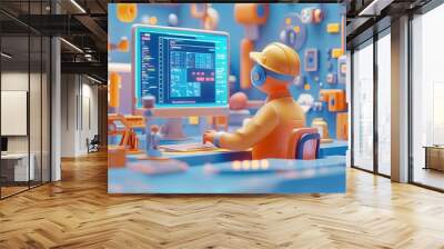 a man sitting at a desk in front of a computer Wall mural