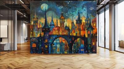 a painting of a city at night with a bridge Wall mural