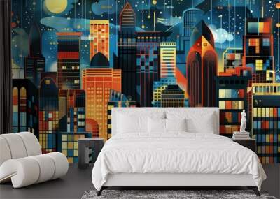 a painting of a city at night with a full moon Wall mural