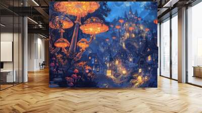 a painting of a fantasy city at night Wall mural