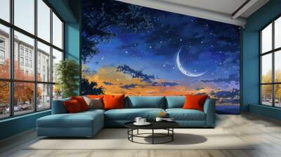 a painting of a night sky with stars and a crescent Wall mural