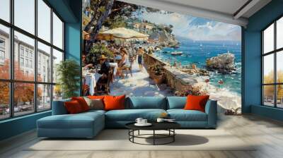 a painting of people sitting at a table by the ocean Wall mural