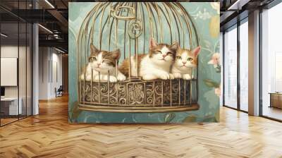 a painting of three cats in a birdcage Wall mural