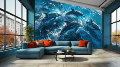 a painting of three dolphins swimming in the ocean Wall mural