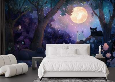 a painting of two cats in a forest at night Wall mural