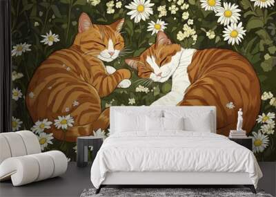 a painting of two cats laying in a field of daisies Wall mural