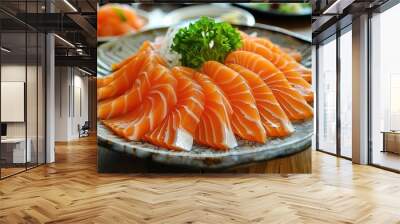 a plate of raw fish on a wooden table Wall mural