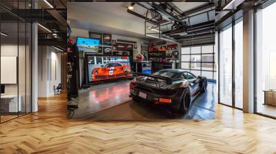 a sports car is parked in a garage Wall mural