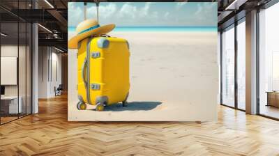 A sun hat and yellow trolly on a sandy beach, ai generated  Wall mural